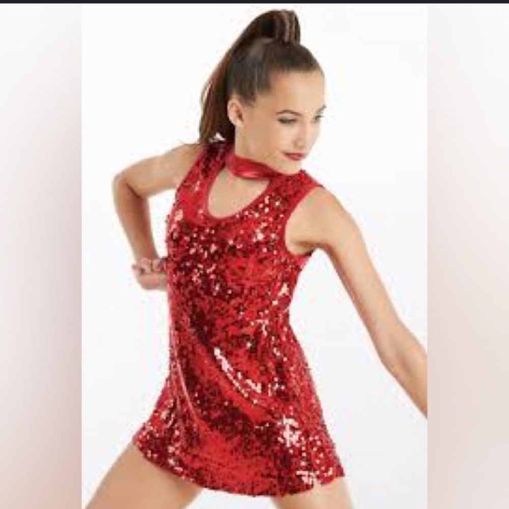 Discontinued!! Balera Costume Red Sequin Mock Neck Dress w/Leotard, Med Child